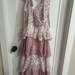 ARULA Asymmetrical Floral Ruffle Dress in Pink and Cream